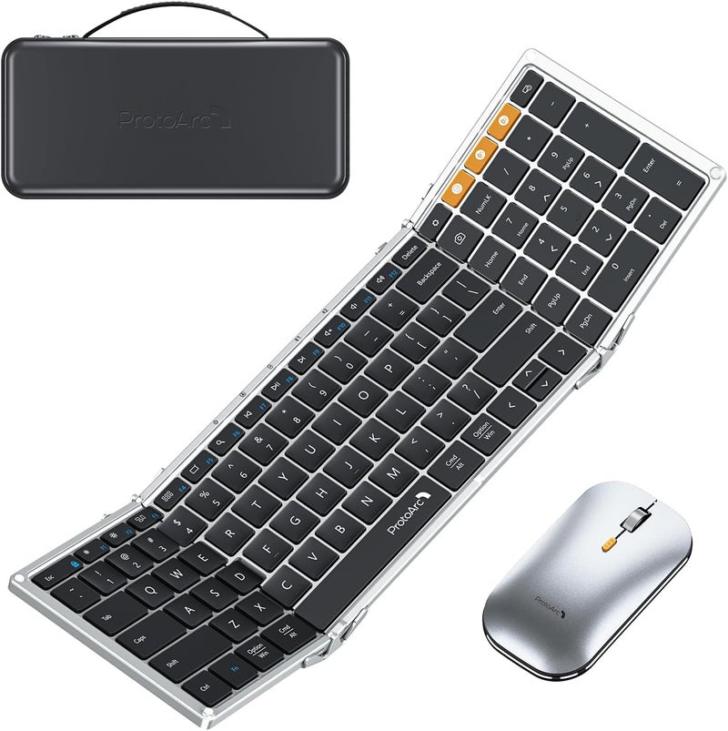 ProtoArc Foldable Keyboard and Mouse, XKM01 True Full-Size Folding Wireless Keyboard Mouse for Business Travel, a Portable Office Suite On-The-Go, Compatible with Laptop iPad Tablet - Black Silver - Image 1